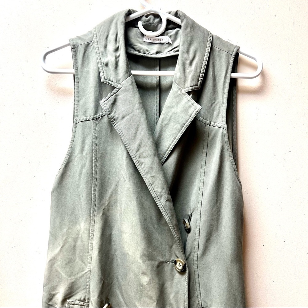 PINK STITCH longline Army green Double-breasted Sleeveless blazer womens size 2 - Picture 3 of 11